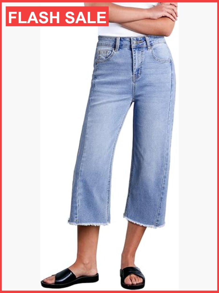 High Waisted Wide Leg Capri Jeans With Raw Hem Stretchy Denim